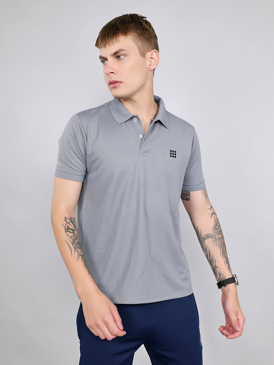 Rock.it Men Grey Jacquard Collar Half Sleeve T-Shirt