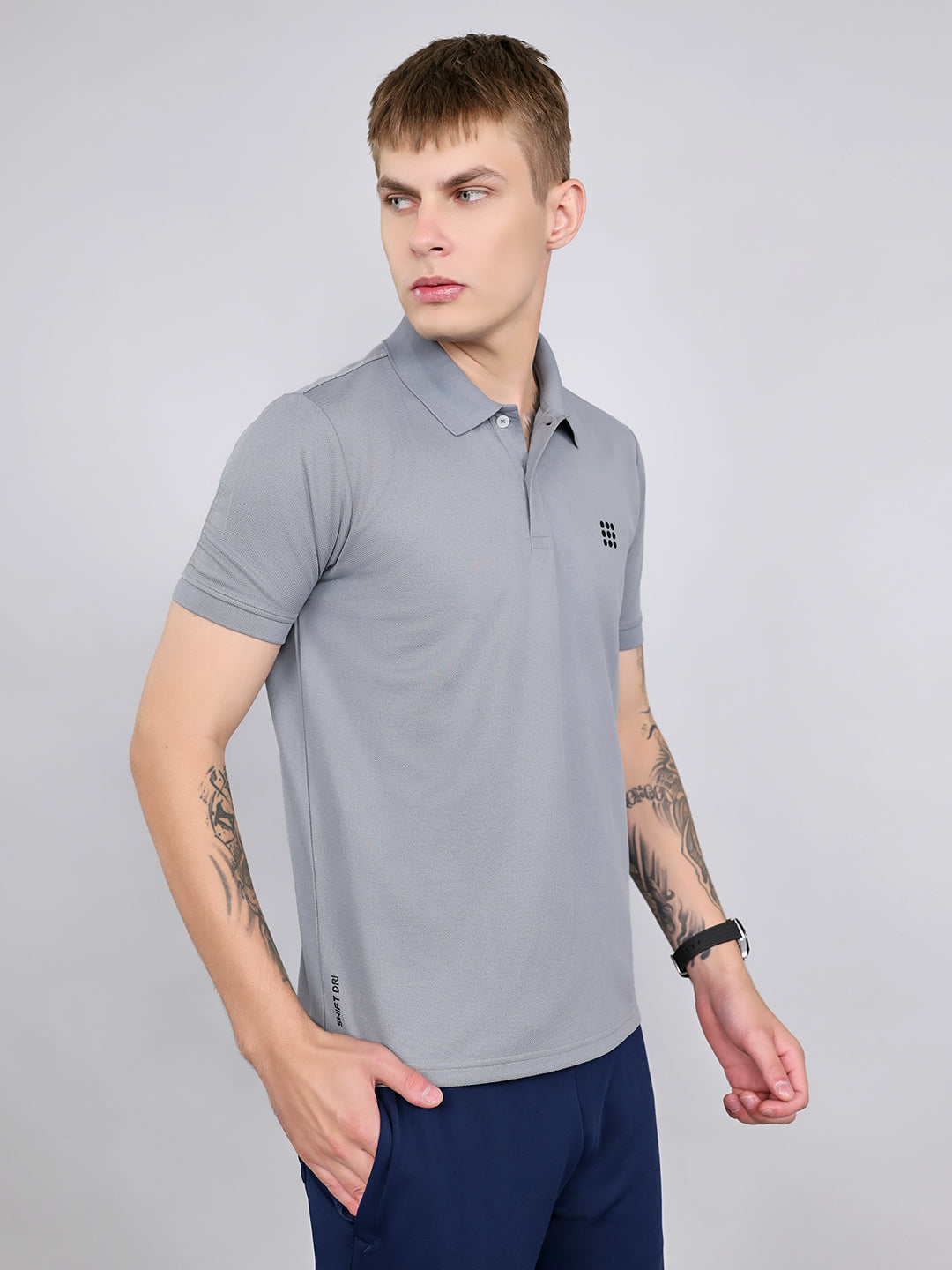 Rock.it Men Grey Jacquard Collar Half Sleeve T-Shirt