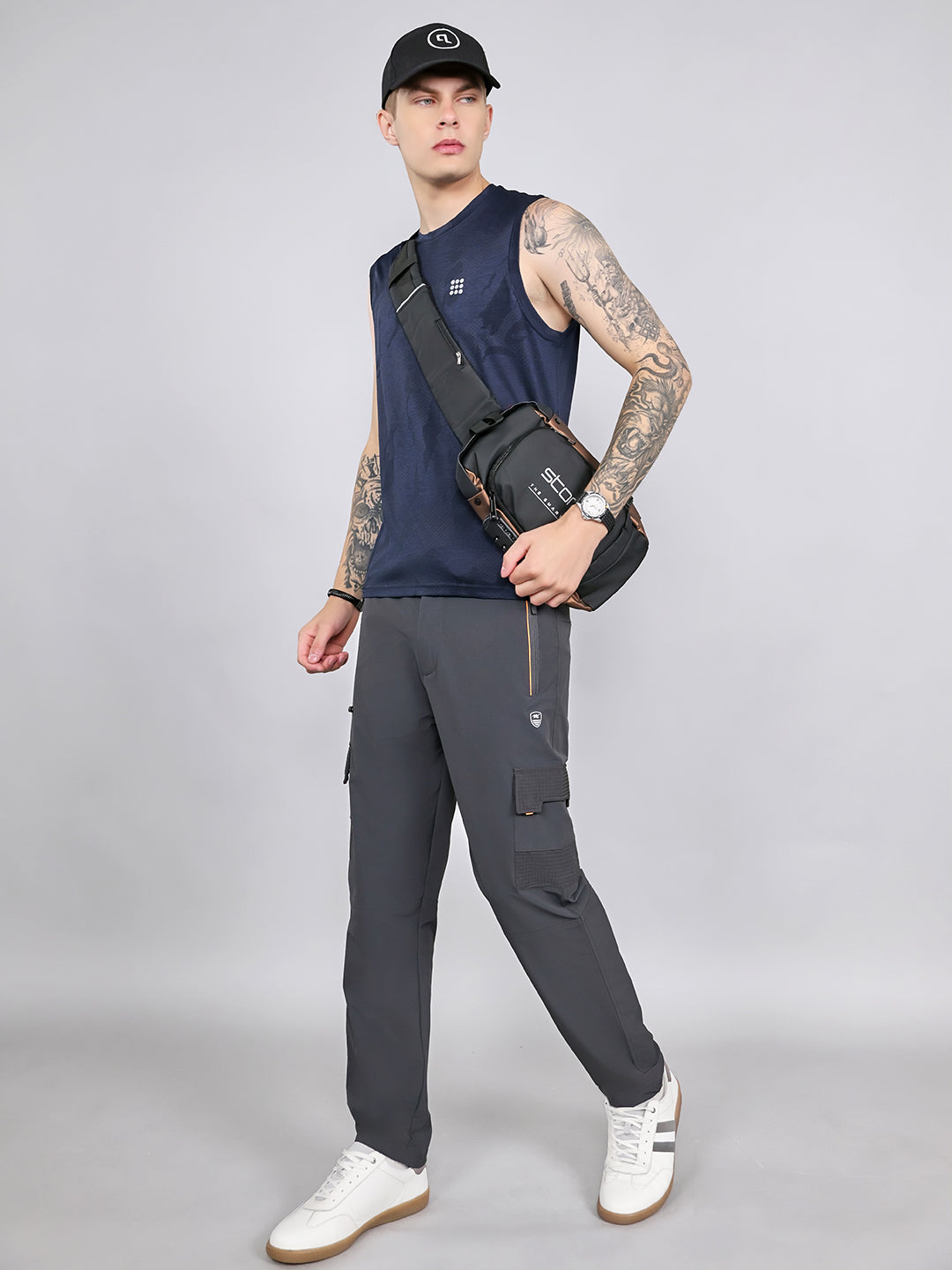 Rock.it Men Navy Blue Jacquard Round Neck Sleeveless T-Shirt