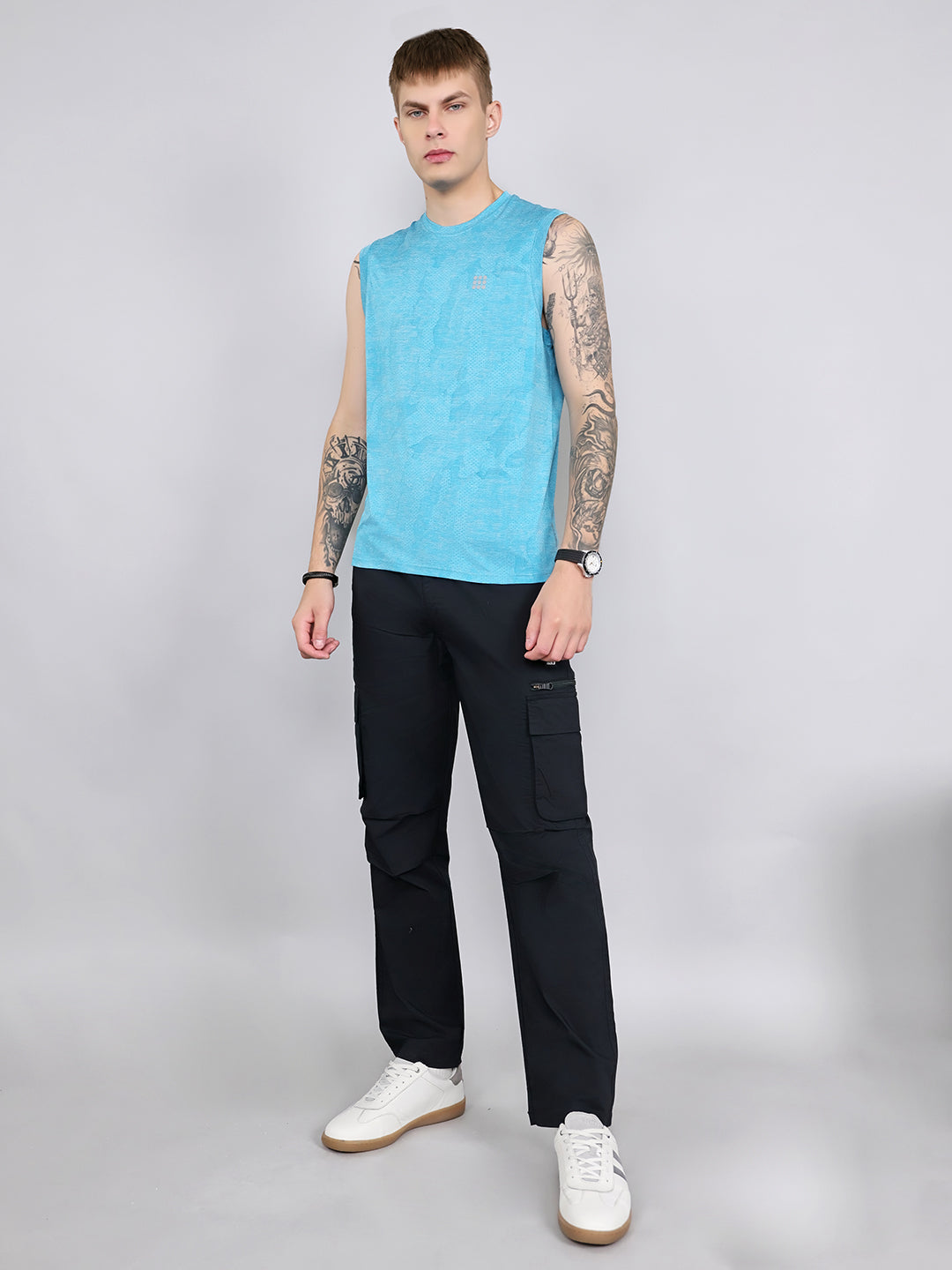Rock.it Men Blue Jacquard Round Neck Sleeveless T-Shirt
