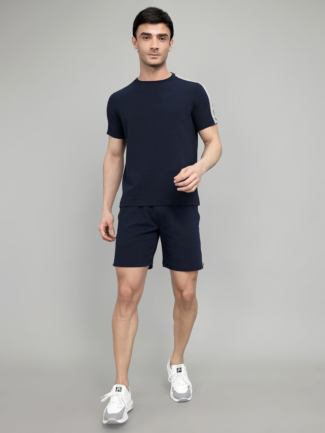 Rock.it Men Navy Blue Self Design Round Neck Half Sleeve Cords Set