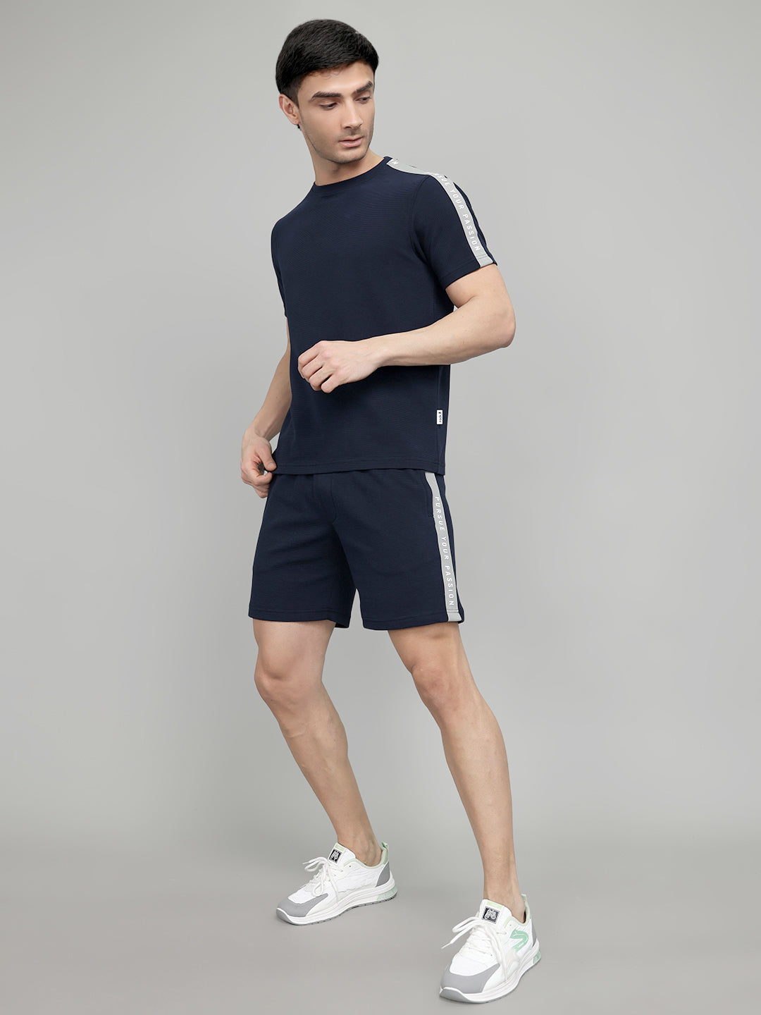 Rock.it Men Navy Blue Self Design Round Neck Half Sleeve Cords Set