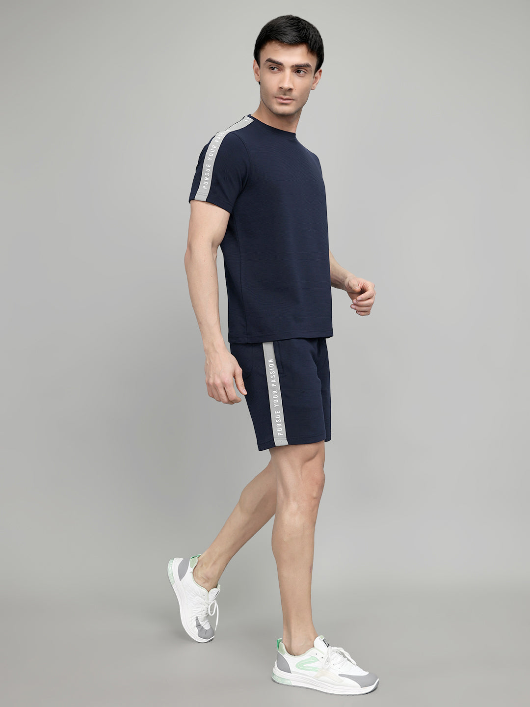 Rock.it Men Navy Blue Self Design Round Neck Half Sleeve Cords Set