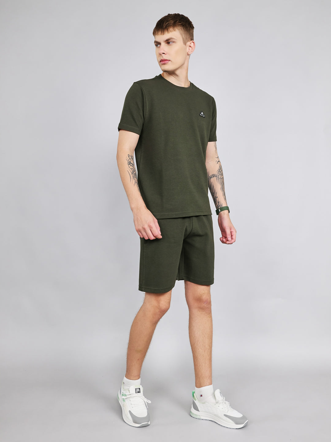 Rock.it Men Olive Self Design Round Neck Half Sleeve Cords Set