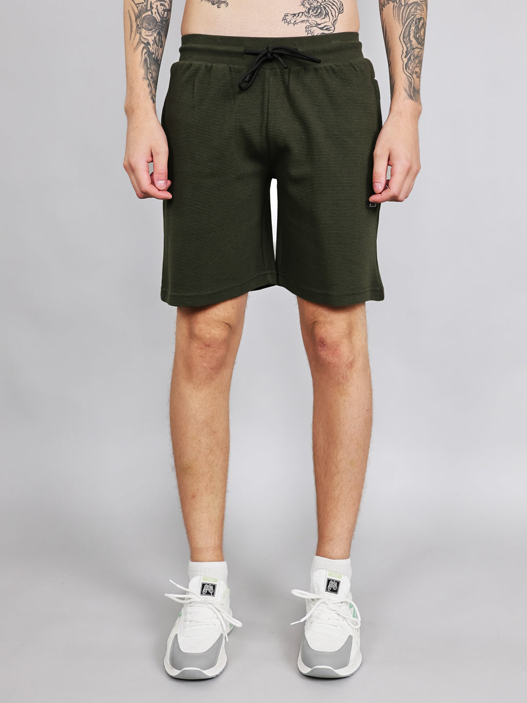 Rock.it Men Olive Self Design Round Neck Half Sleeve Cords Set