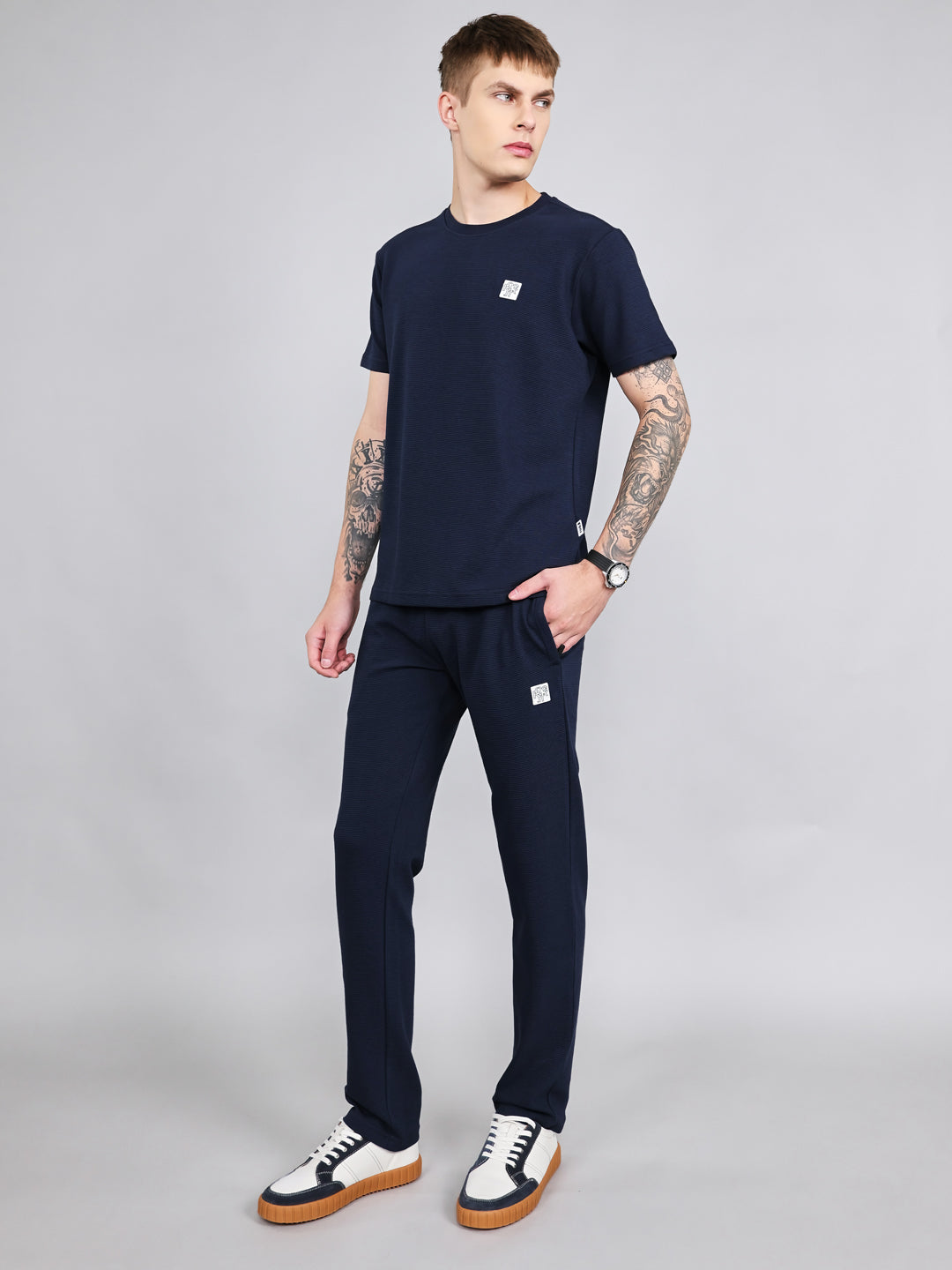 Rock.it Men Navy Blue Solid Round Neck Half Sleeve Cords Set