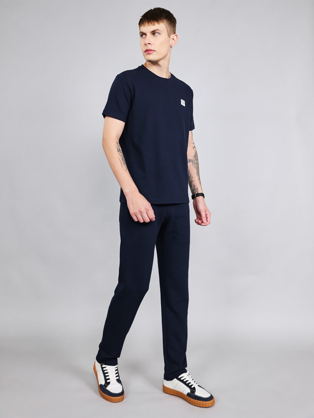 Rock.it Men Navy Blue Solid Round Neck Half Sleeve Cords Set