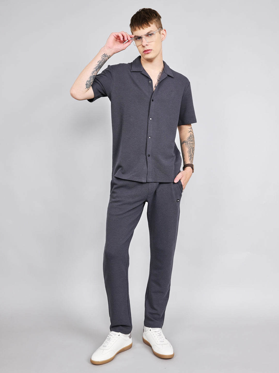 Rock.it Men Grey Solid Collar Half Sleeve Cords Set