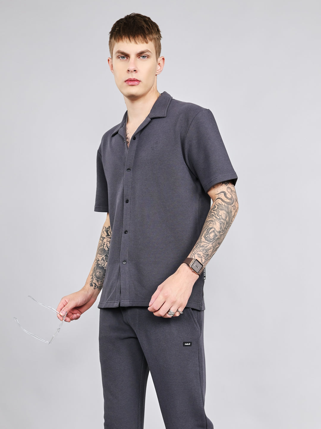 Rock.it Men Grey Solid Collar Half Sleeve Cords Set