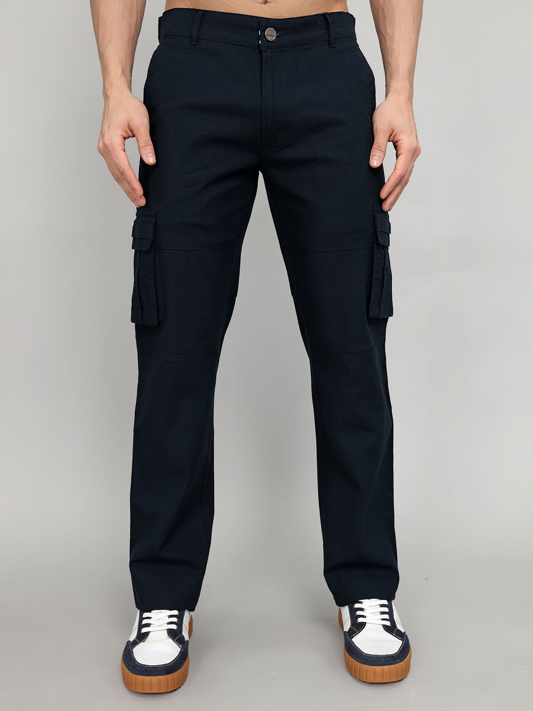 Rock.it Men Navy Blue Solid Slim Fit Cargo