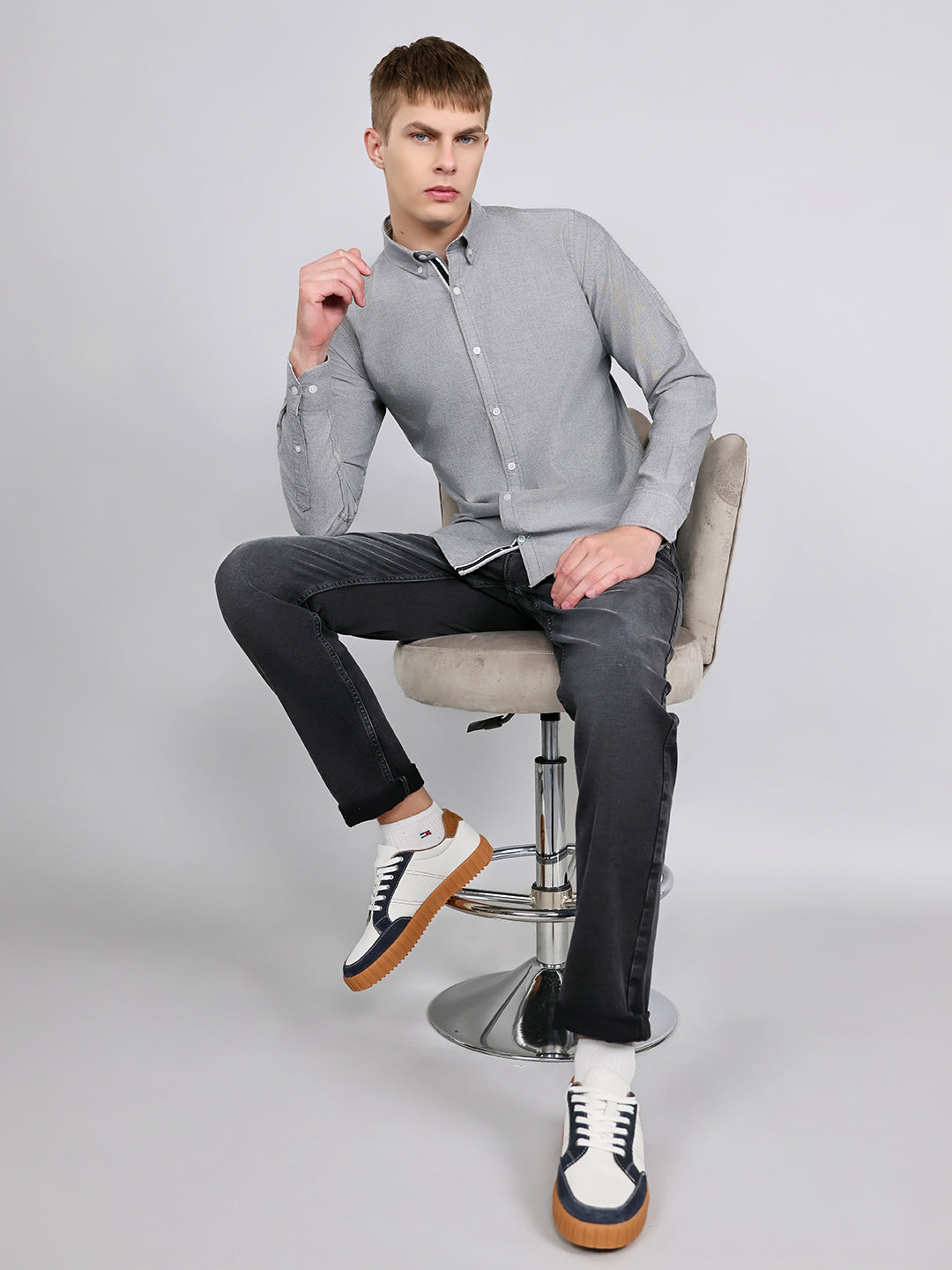 Rock.it Men Grey Solid Collar Full Sleeve Shirt