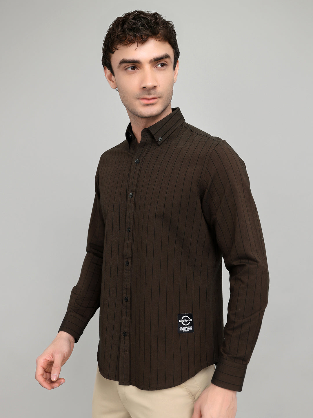 Rock.it Men Brown Stripe Collar Full Sleeve Shirt