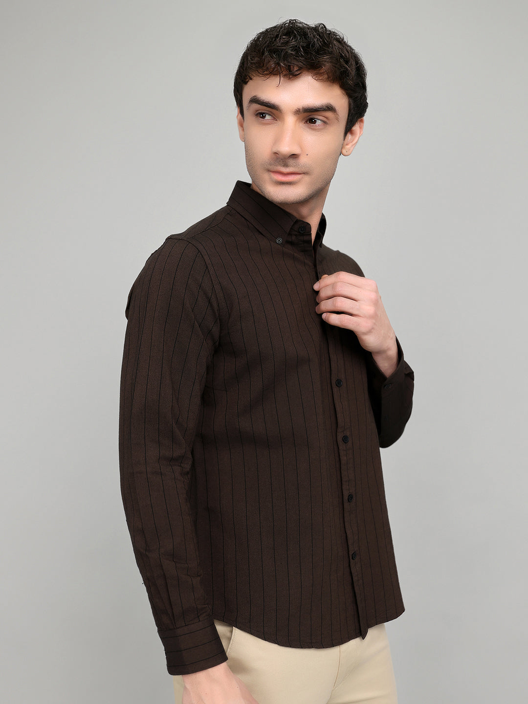Rock.it Men Brown Stripe Collar Full Sleeve Shirt