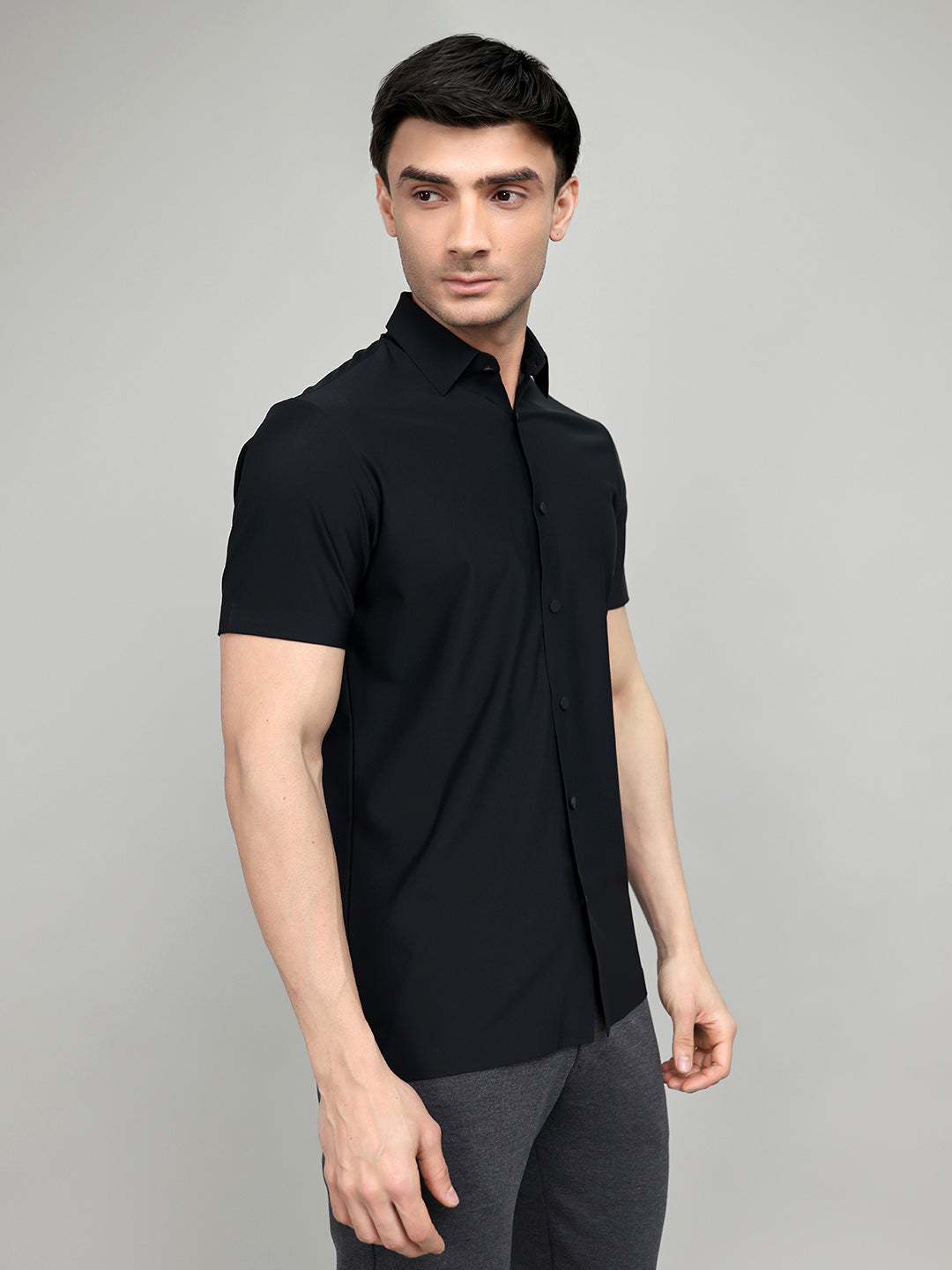 Rock.it Men Black Solid Collar Half Sleeve Shirt