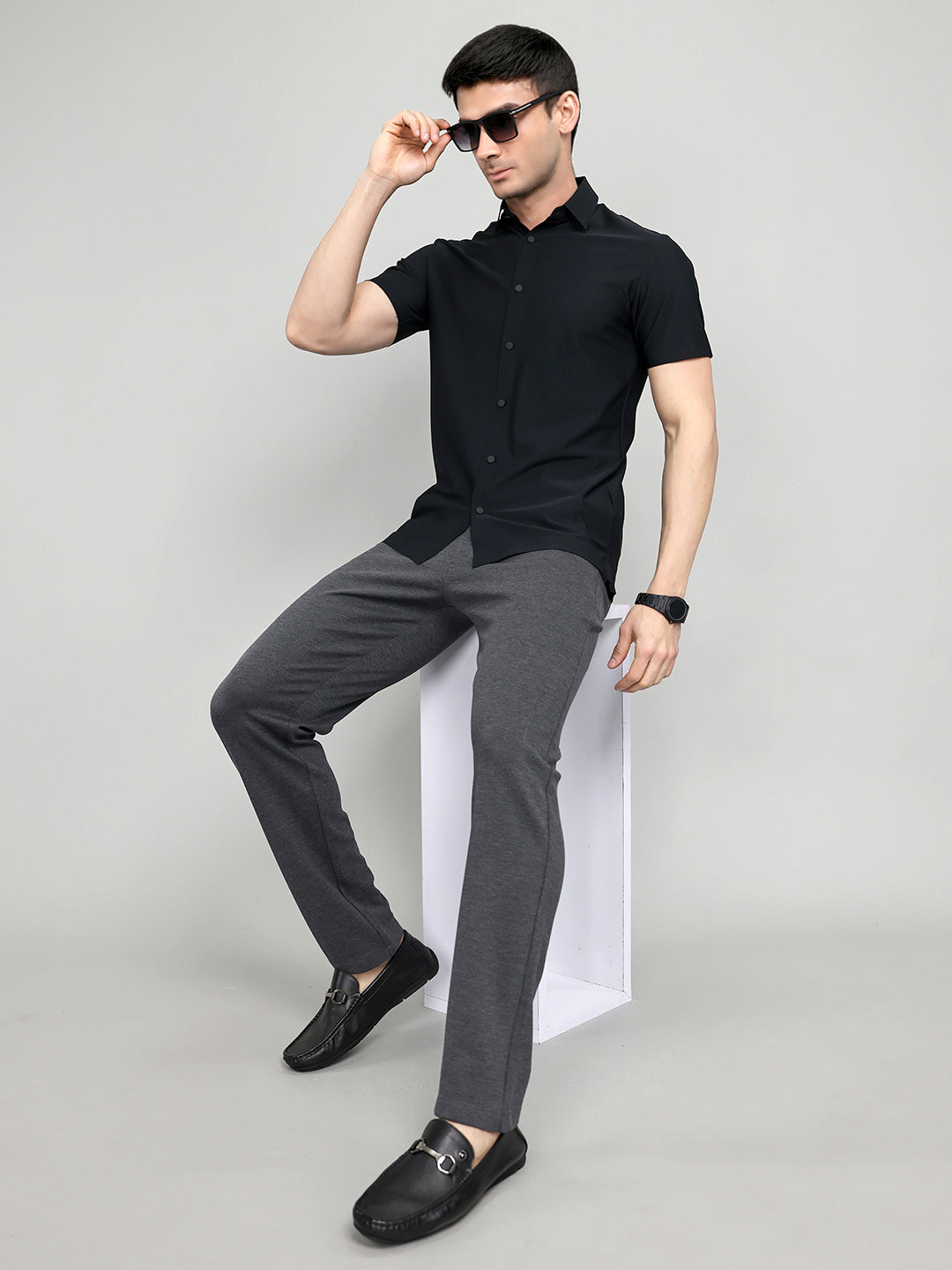 Rock.it Men Black Solid Collar Half Sleeve Shirt