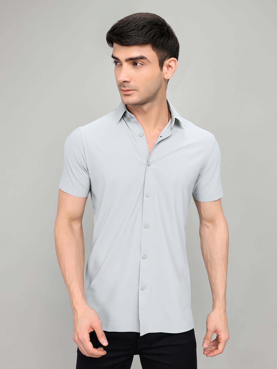 Rock.it Men Grey Solid Collar Half Sleeve Shirt