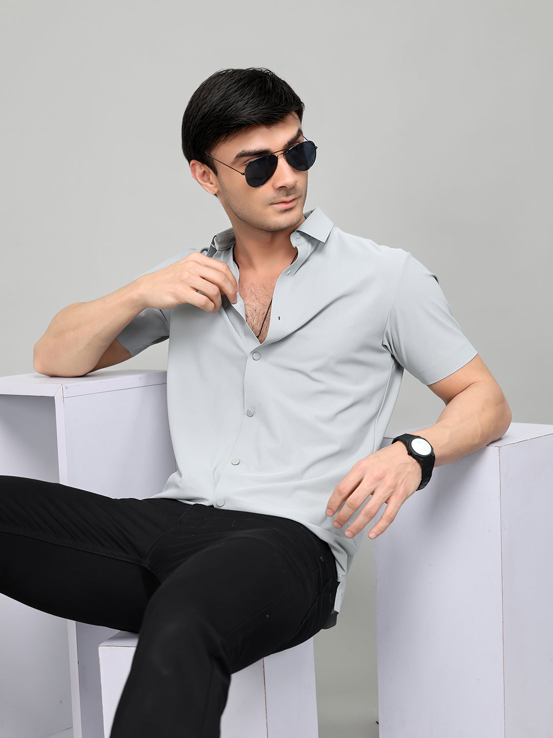 Rock.it Men Grey Solid Collar Half Sleeve Shirt