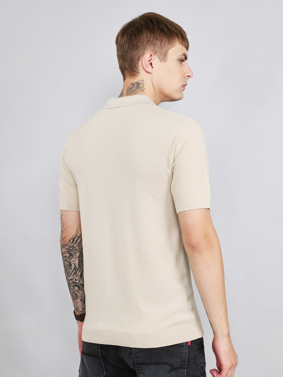 Rock.it Men Beige Solid Collar Half Sleeve T-Shirt