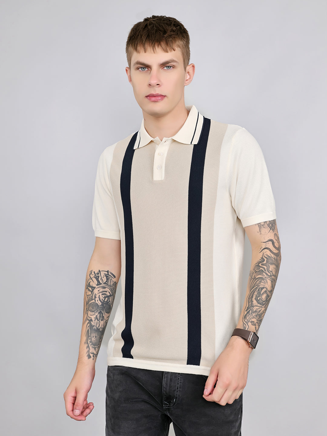 Rock.it Men Cream Stripe Collar Half Sleeve T-Shirt