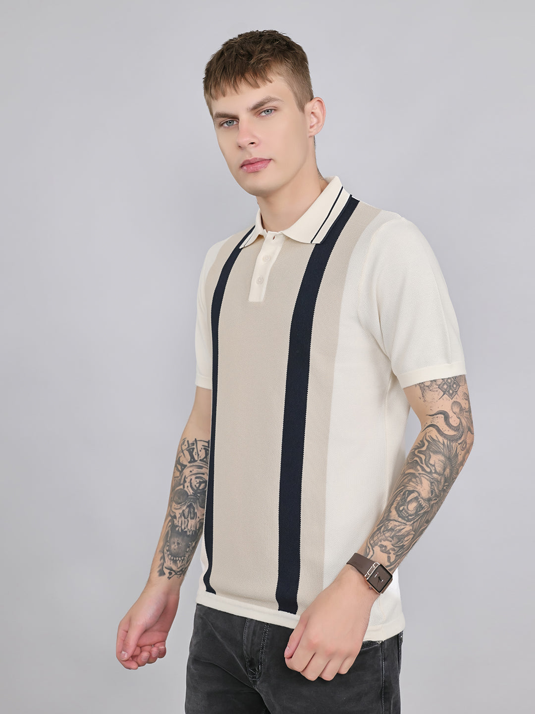 Rock.it Men Cream Stripe Collar Half Sleeve T-Shirt