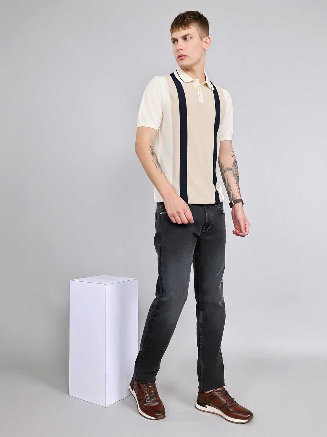 Rock.it Men Cream Stripe Collar Half Sleeve T-Shirt