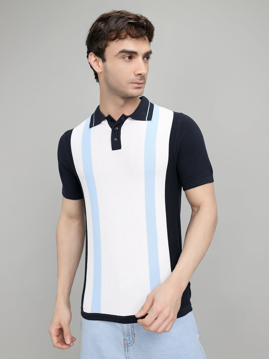 Rock.it Men Navy Blue Stripe Collar Half Sleeve T-Shirt