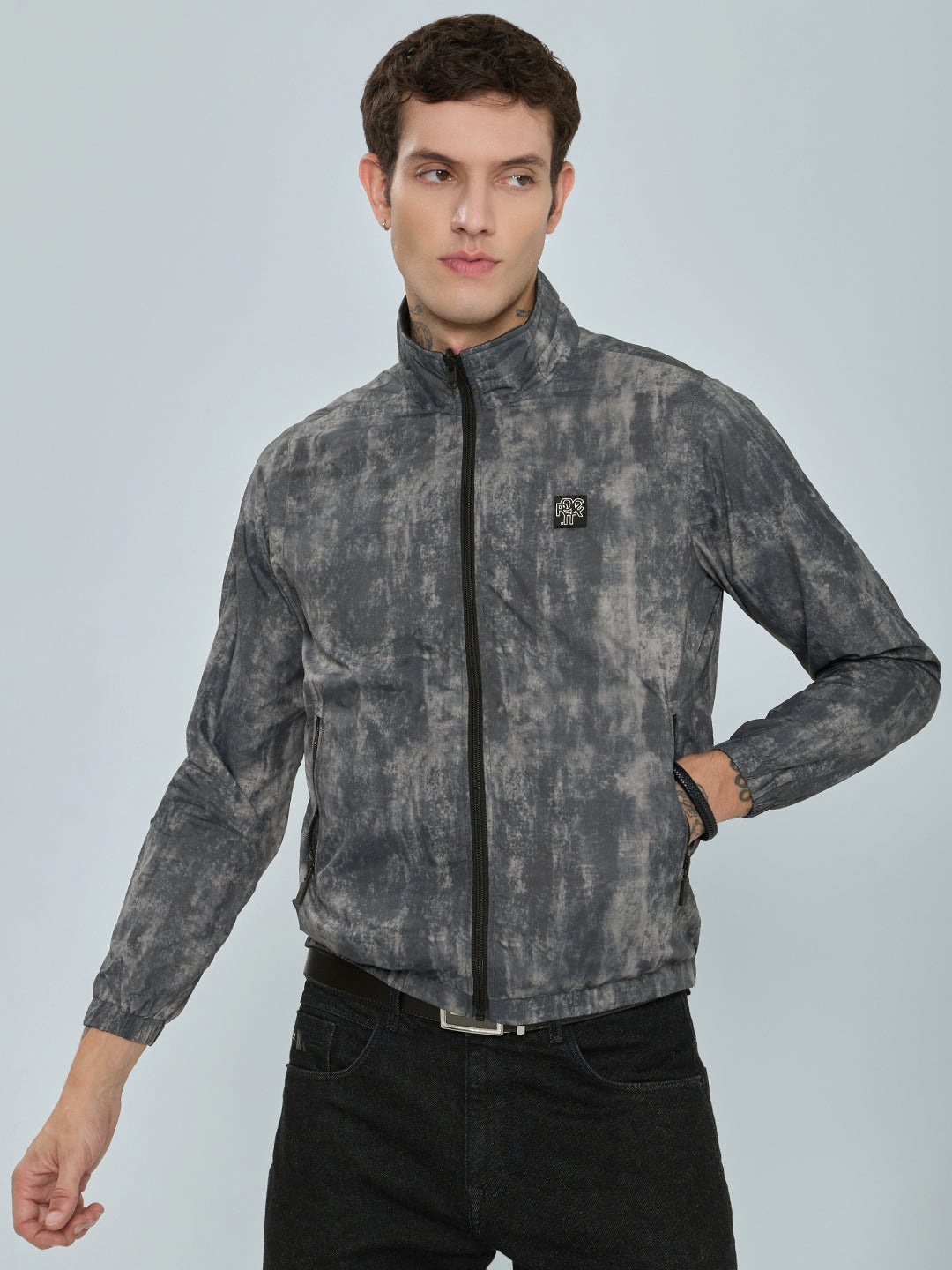 Rock.it Men Grey Tie & Dye Reversible Turtle Neck Full Sleeve Windcheater