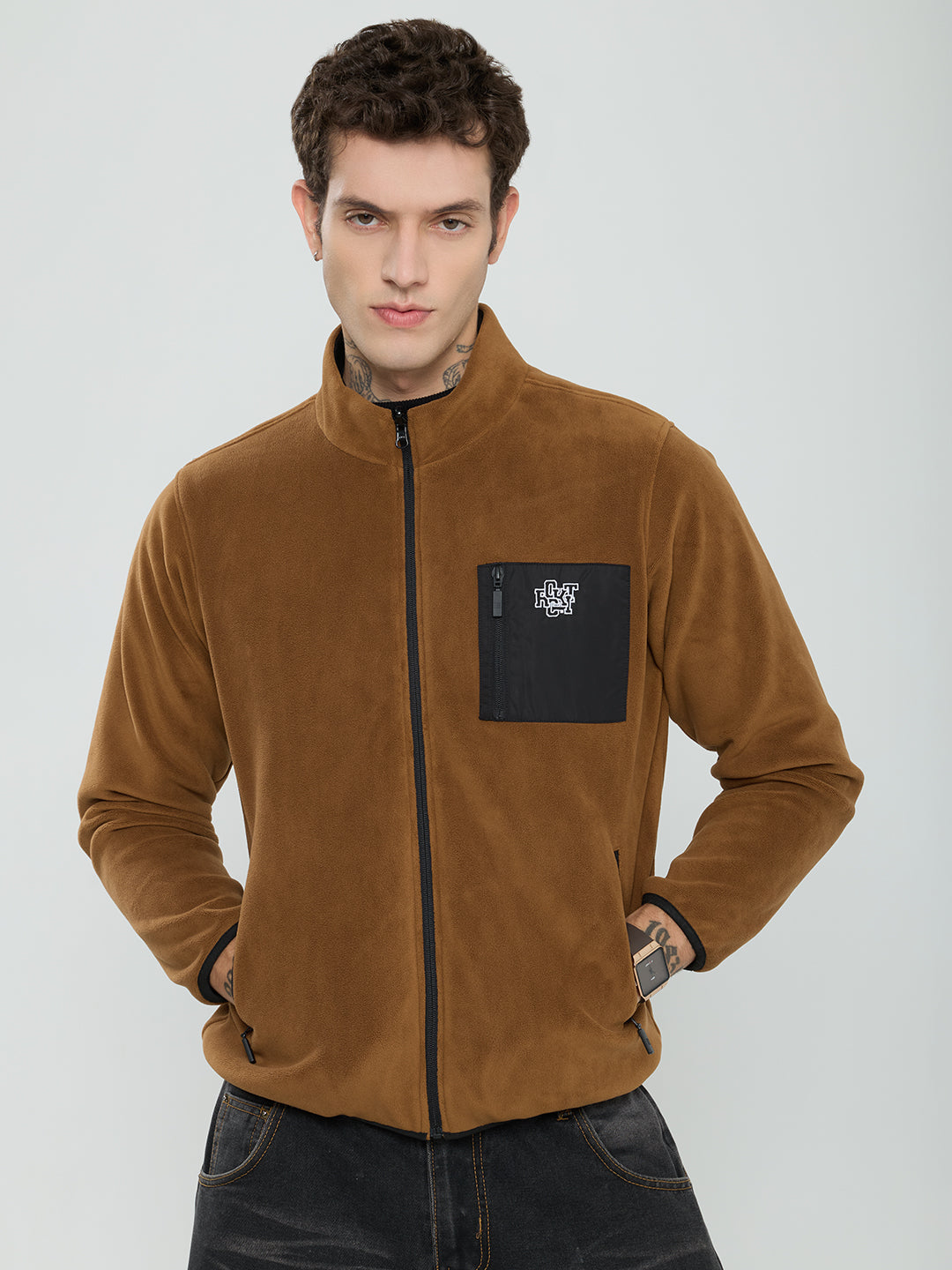 Rock.it Men Tan Solid Turtle Neck Full Sleeve Reversible Sherpa Jacket