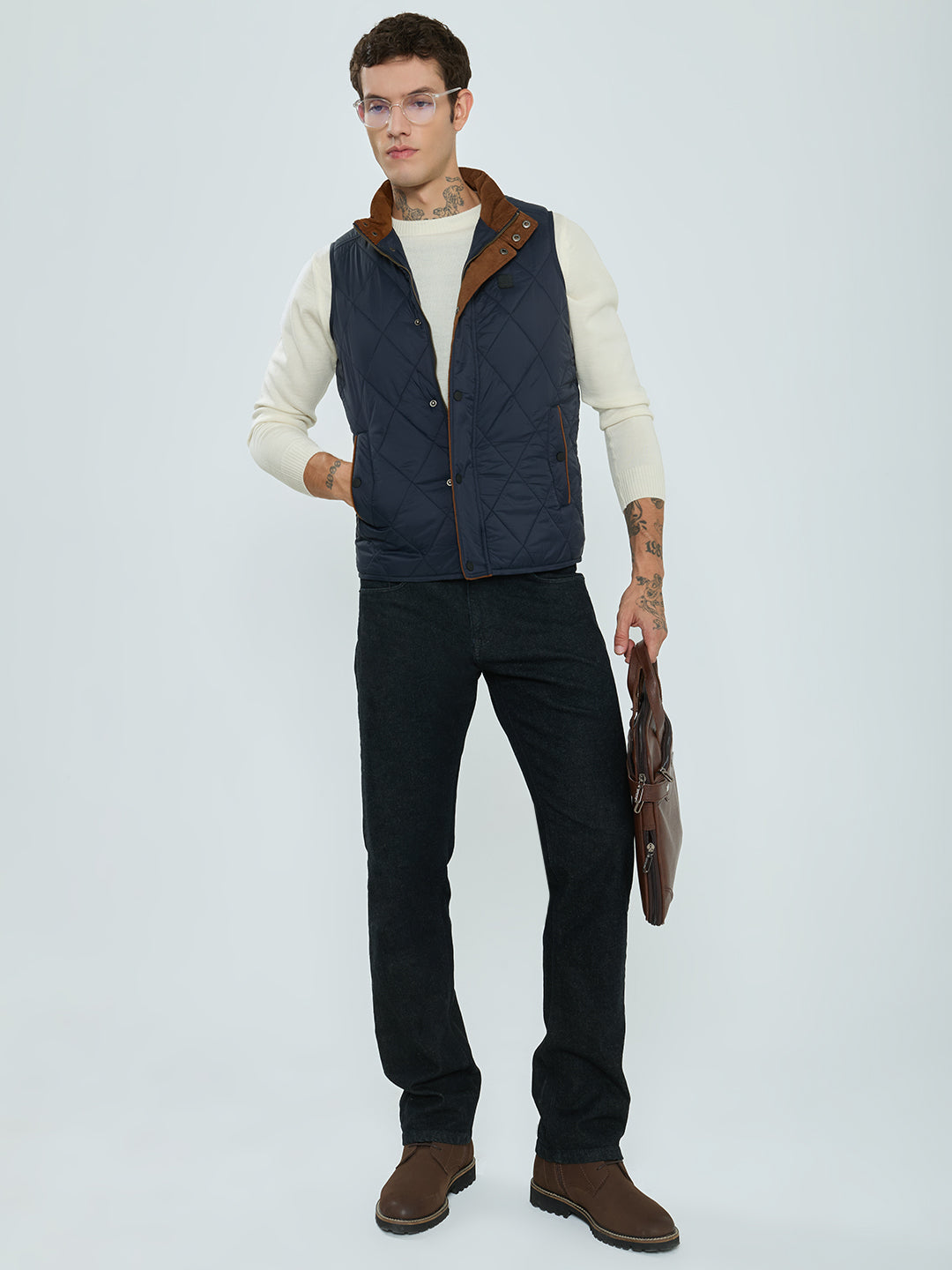 Rock.it Men Navy Blue Solid Collar Sleeveless Puffer Jacket