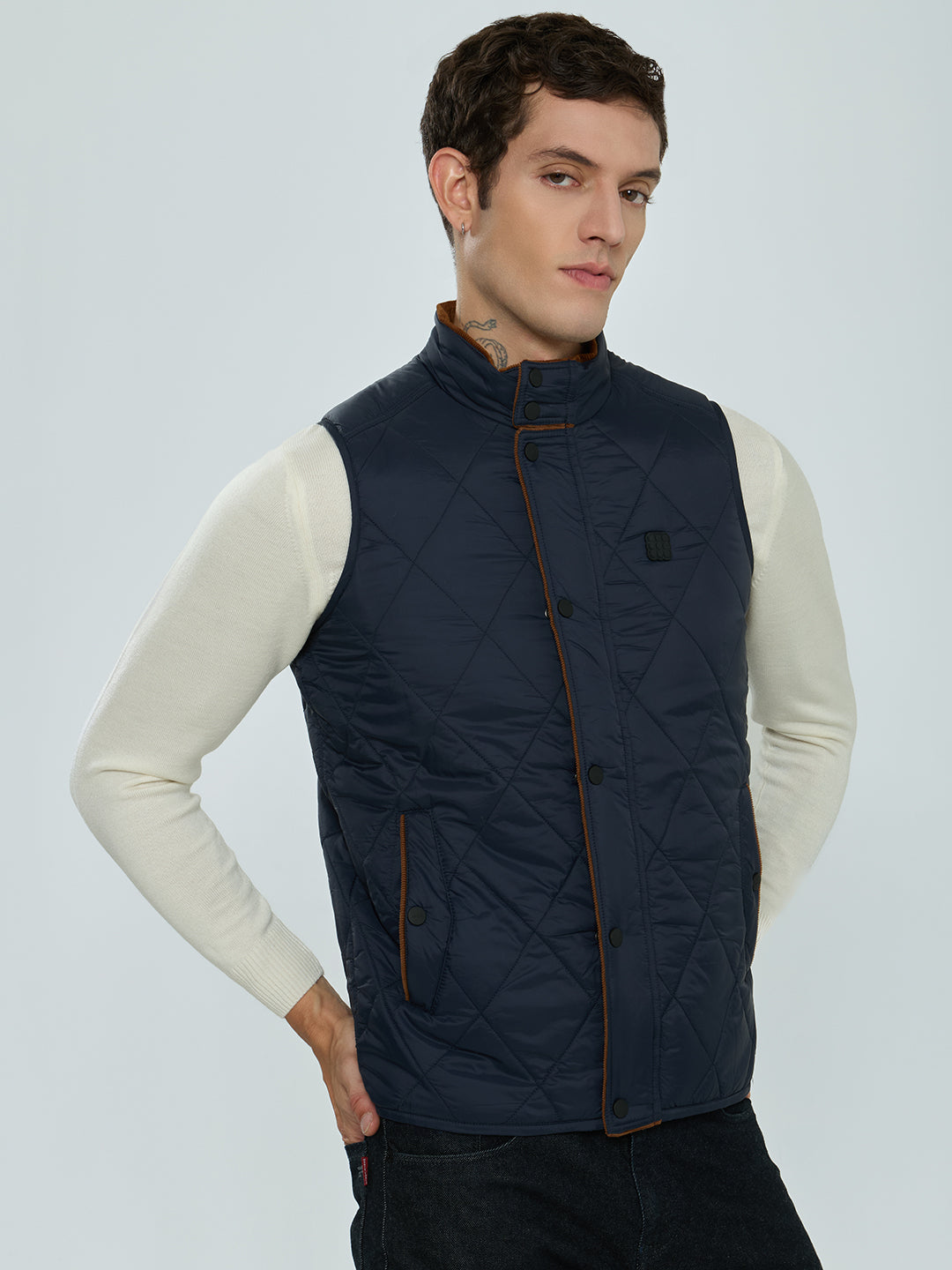 Rock.it Men Navy Blue Solid Collar Sleeveless Puffer Jacket