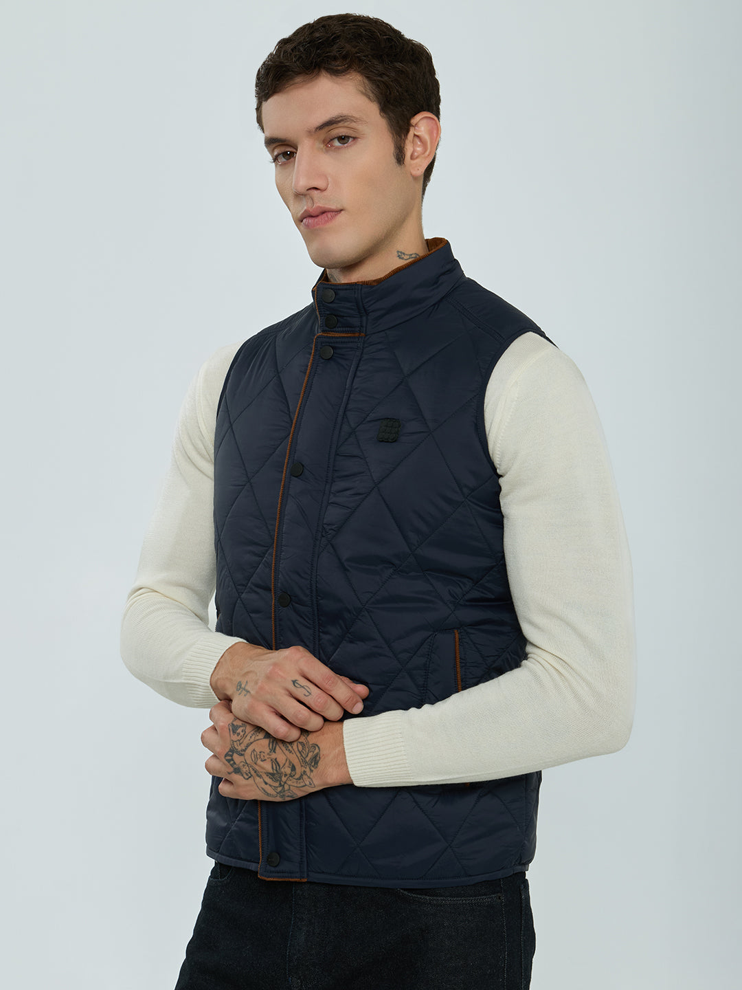 Rock.it Men Navy Blue Solid Collar Sleeveless Puffer Jacket