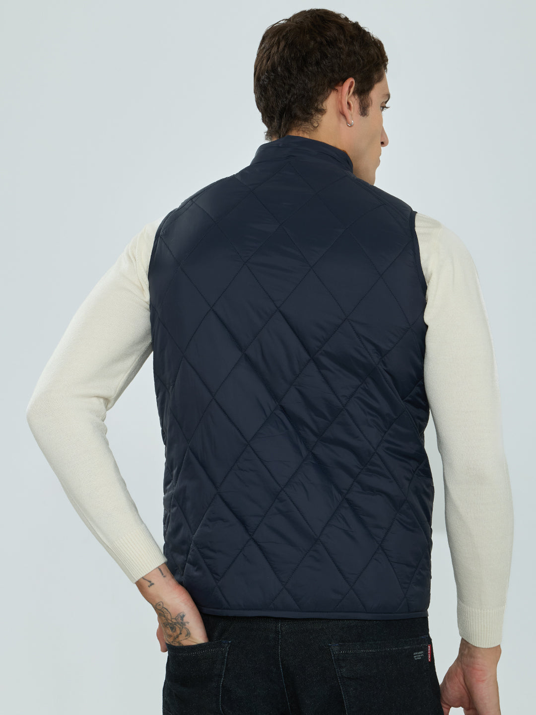 Rock.it Men Navy Blue Solid Collar Sleeveless Puffer Jacket