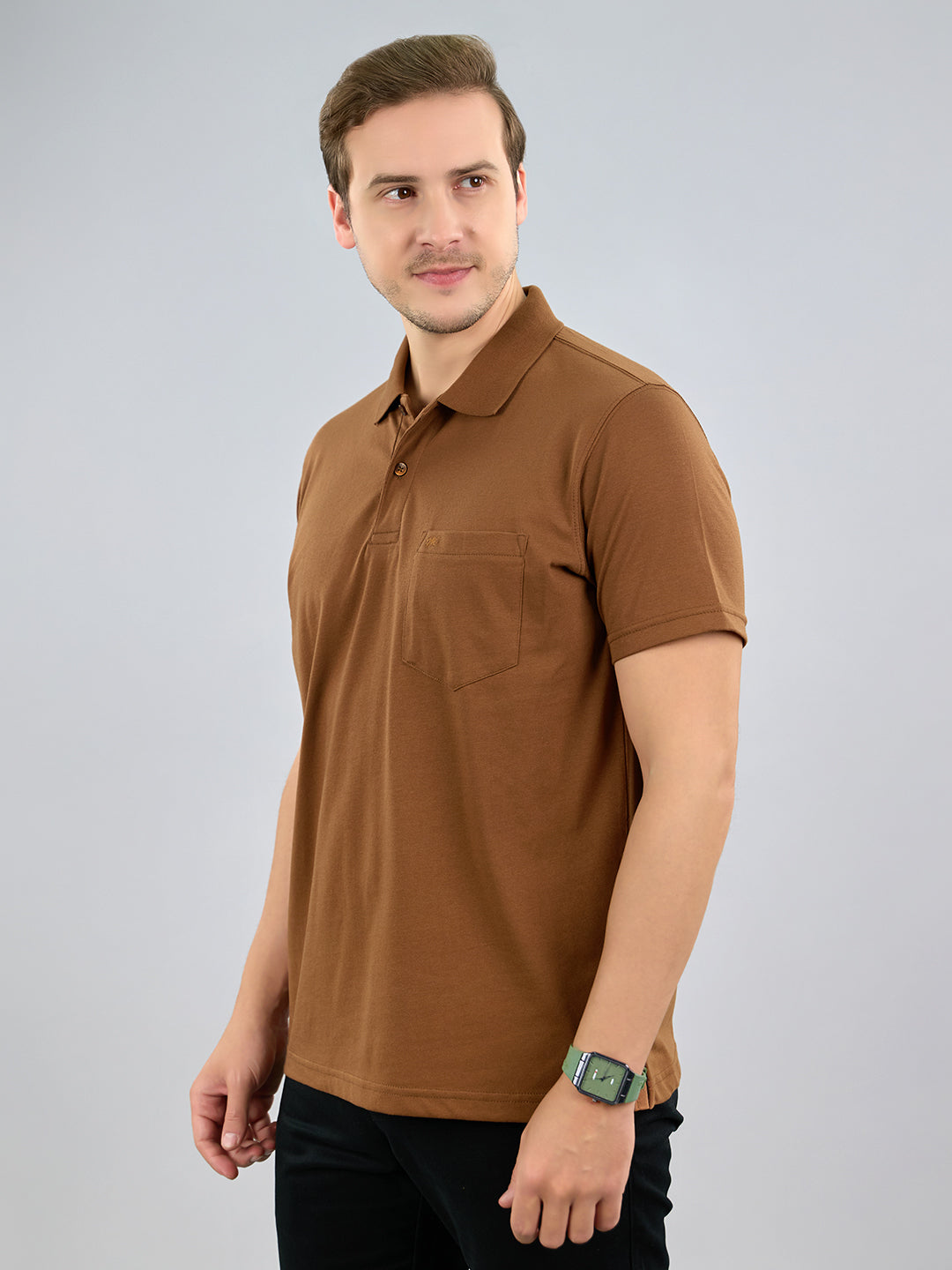 Men Brown Solid Polo Collar Half Sleeve T-Shirt