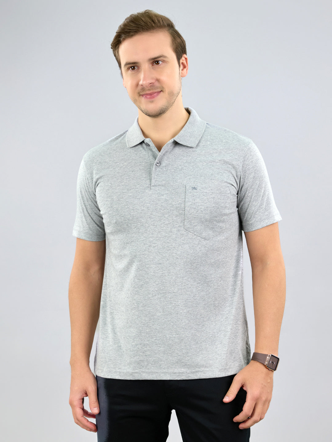 Men Grey Solid Polo Collar Half Sleeve T-Shirt