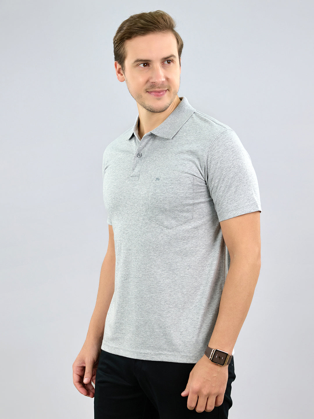 Men Grey Solid Polo Collar Half Sleeve T-Shirt