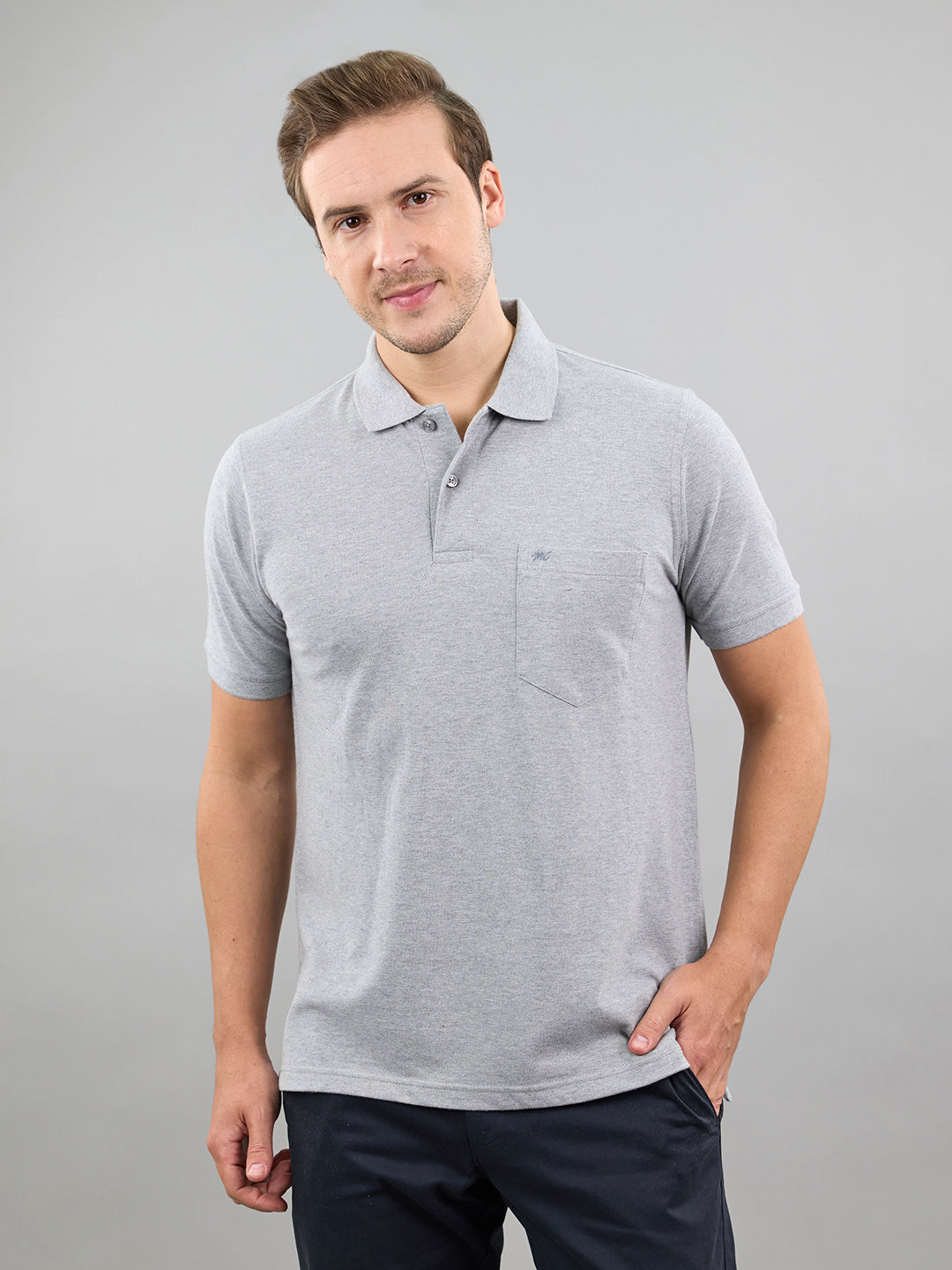 Men Grey Solid Polo Collar Half Sleeve T-Shirt