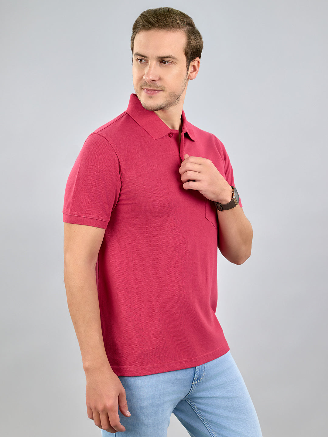 Men Pink Solid Polo Collar Half Sleeve T-Shirt