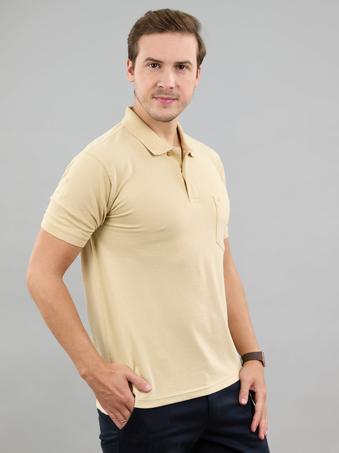 Men Camel Brown Solid Polo Collar Half Sleeve T-Shirt