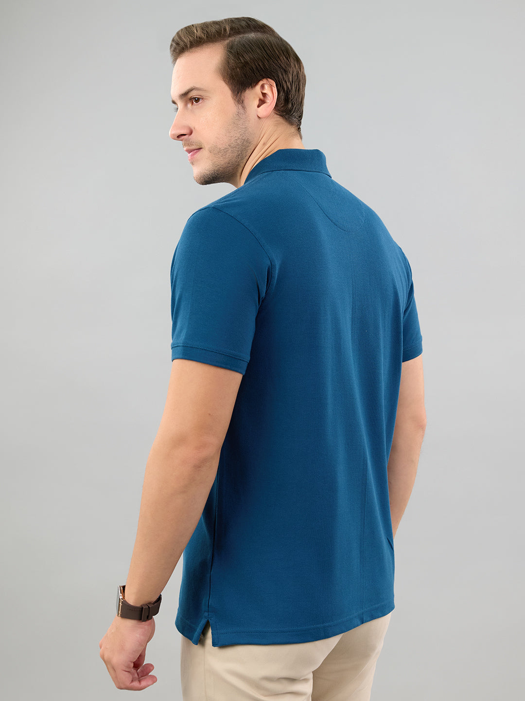 Men Teal Blue Solid Polo Collar Half Sleeve T-Shirt