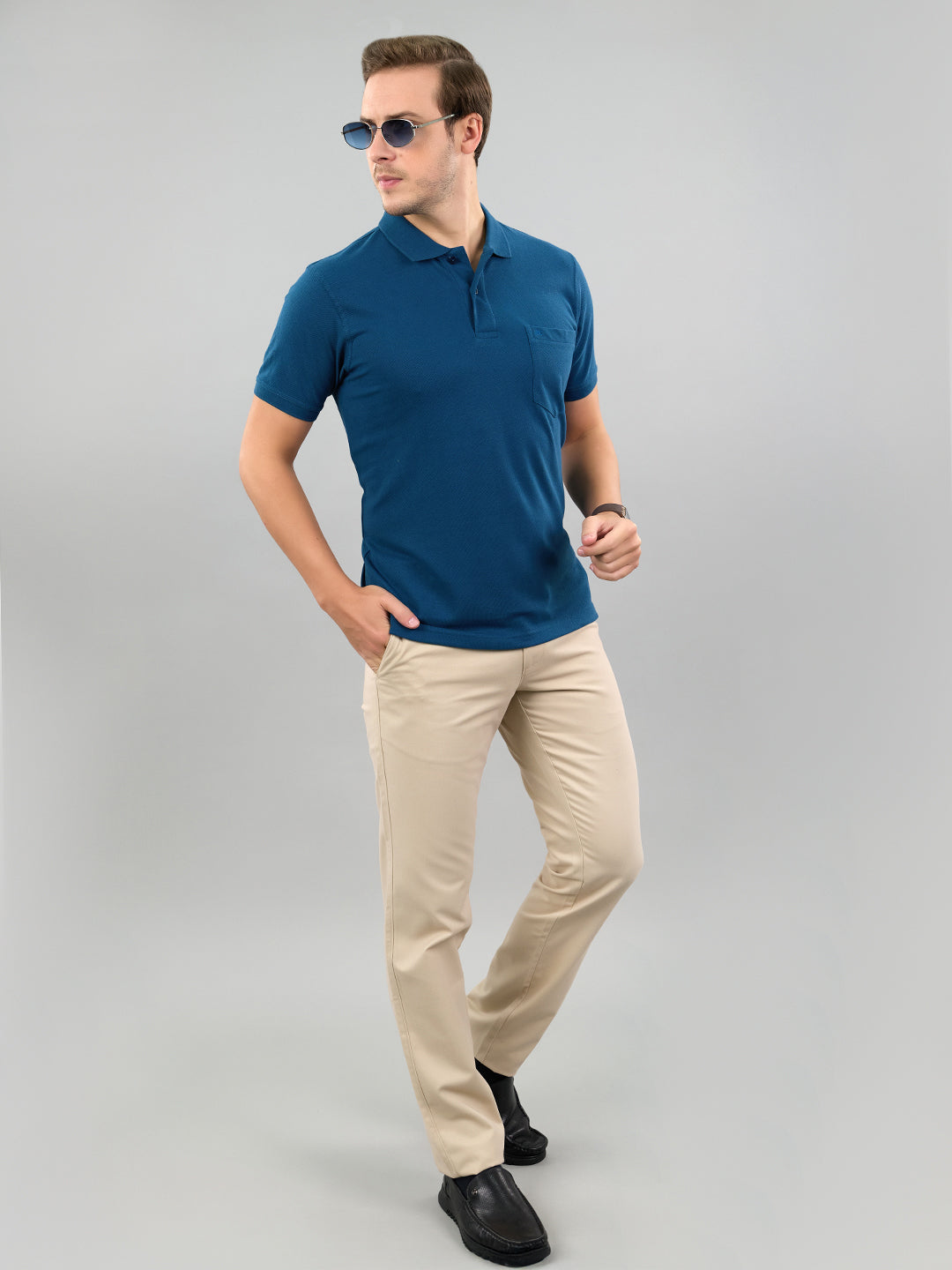 Men Teal Blue Solid Polo Collar Half Sleeve T-Shirt
