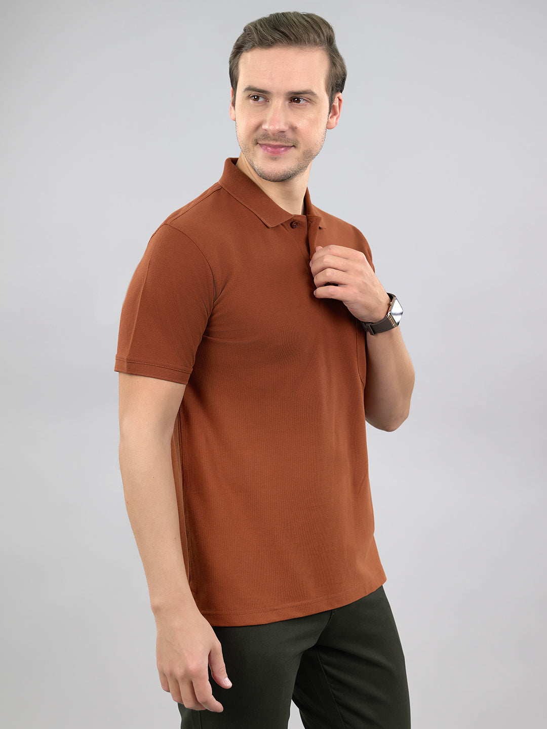 Men Brown Solid Polo Collar Half Sleeve T-Shirt