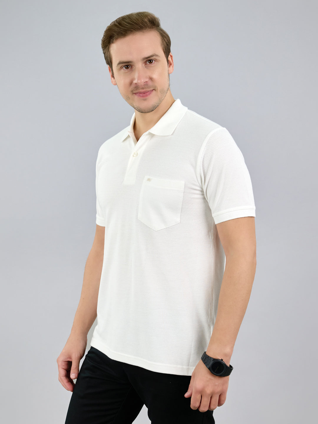 Men White Solid Polo Collar Half Sleeve T-Shirt