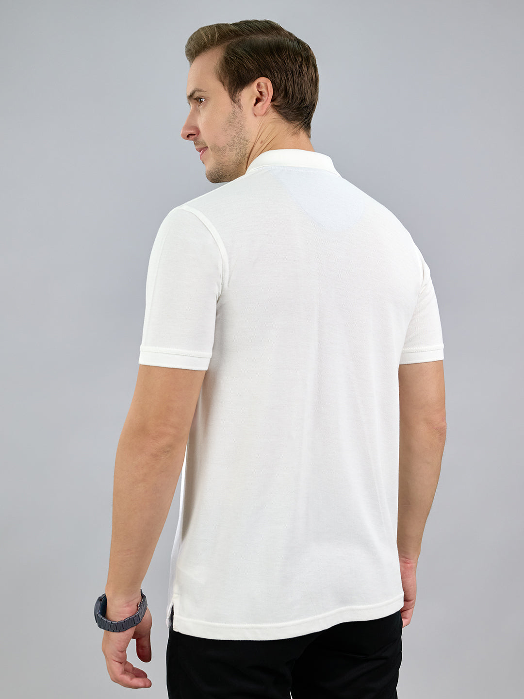Men White Solid Polo Collar Half Sleeve T-Shirt