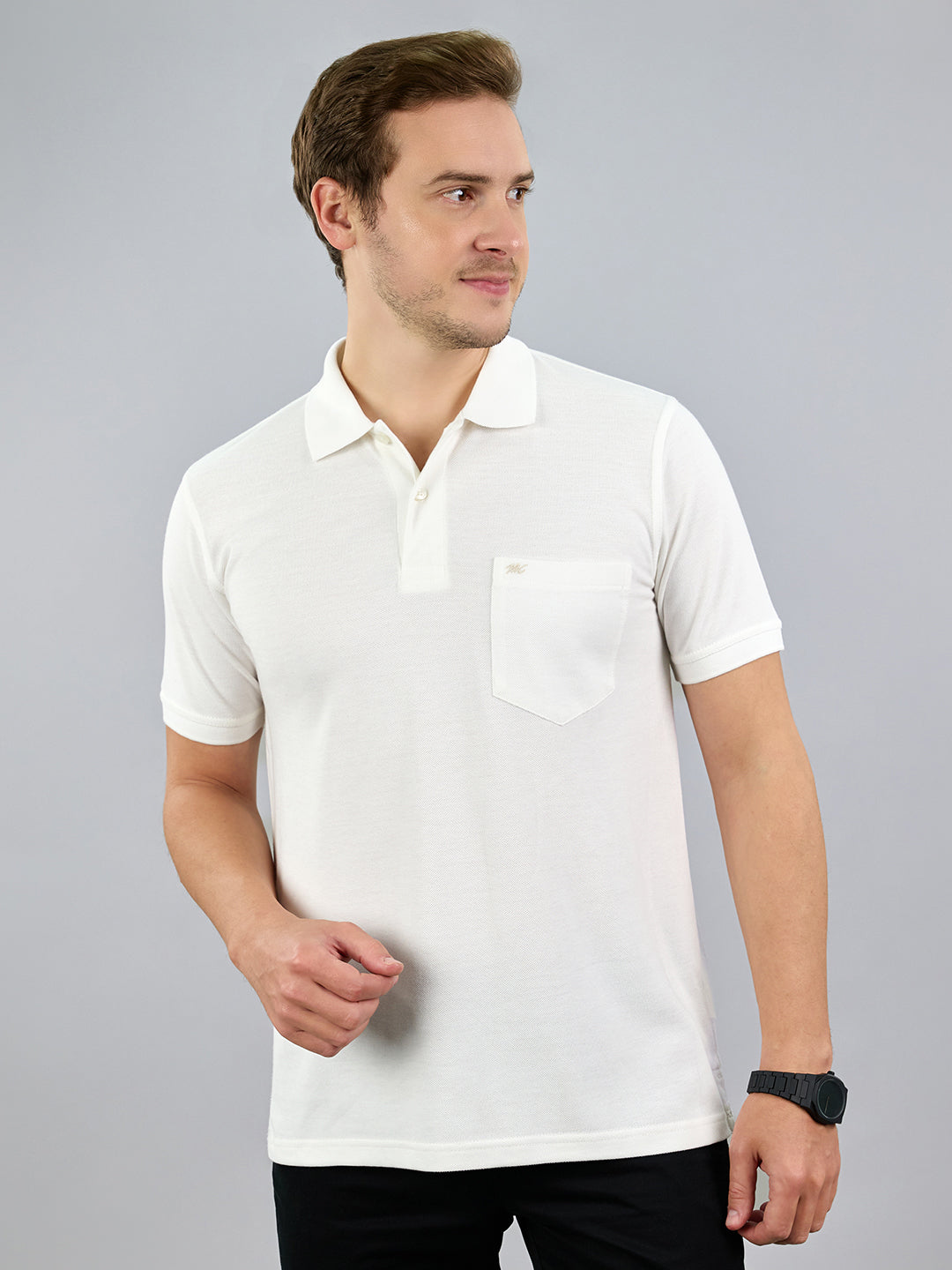 Men White Solid Polo Collar Half Sleeve T-Shirt