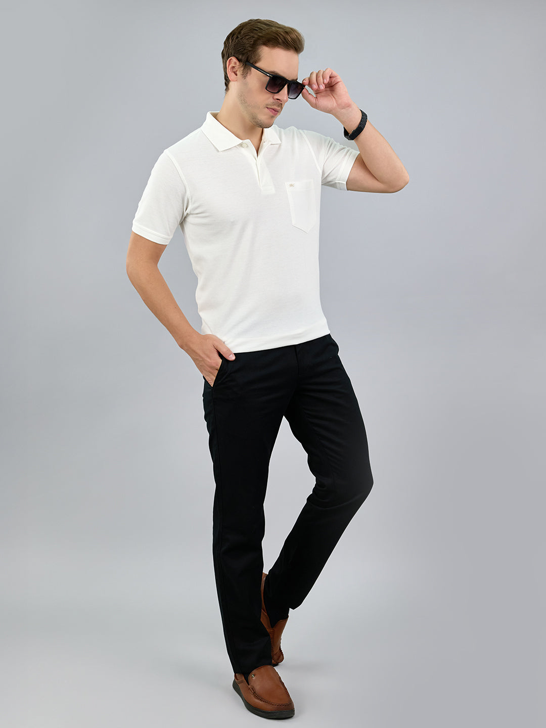 Men White Solid Polo Collar Half Sleeve T-Shirt