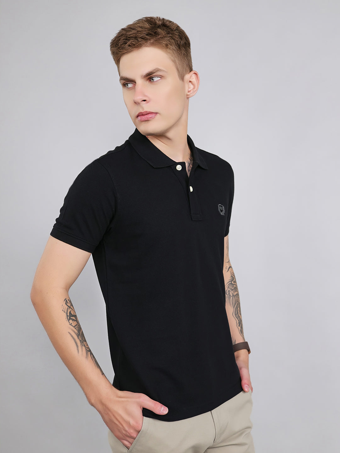 Men Black Plain Collar Half Sleeve T-Shirt