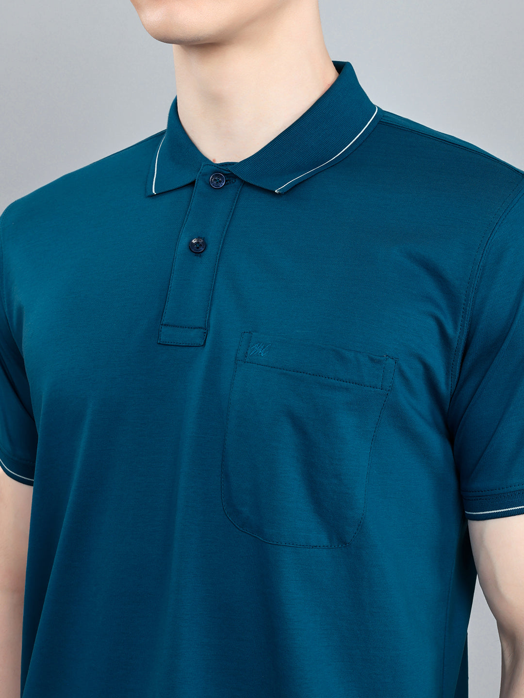 Men Teal Blue Solid Collar Half Sleeve T-Shirt