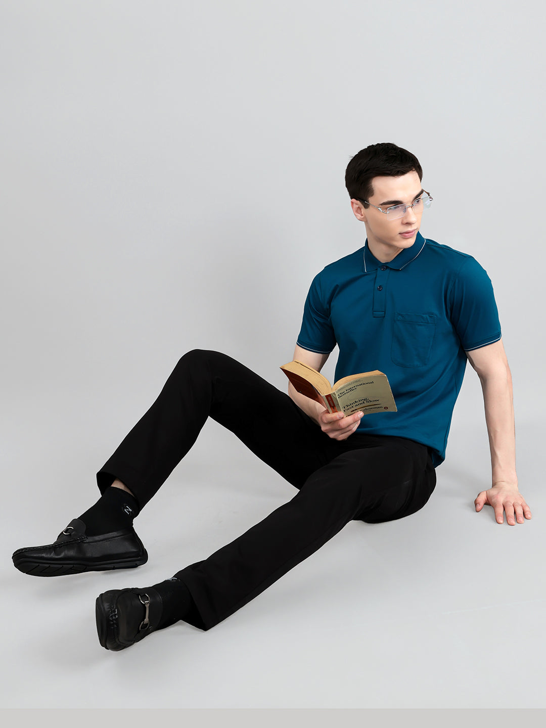 Men Teal Blue Solid Collar Half Sleeve T-Shirt