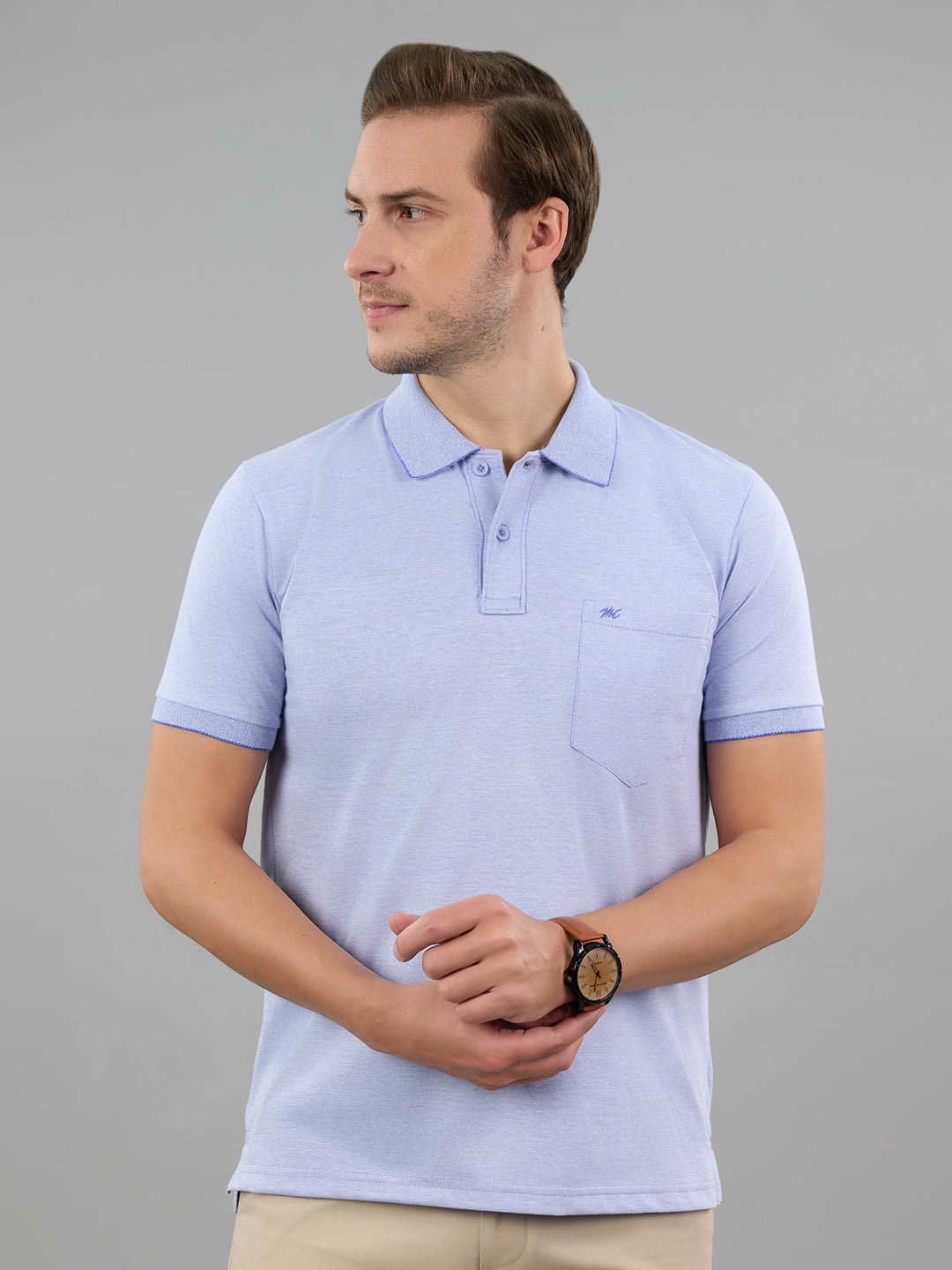 Men Sky Blue Solid Polo Collar Half Sleeve T-Shirt