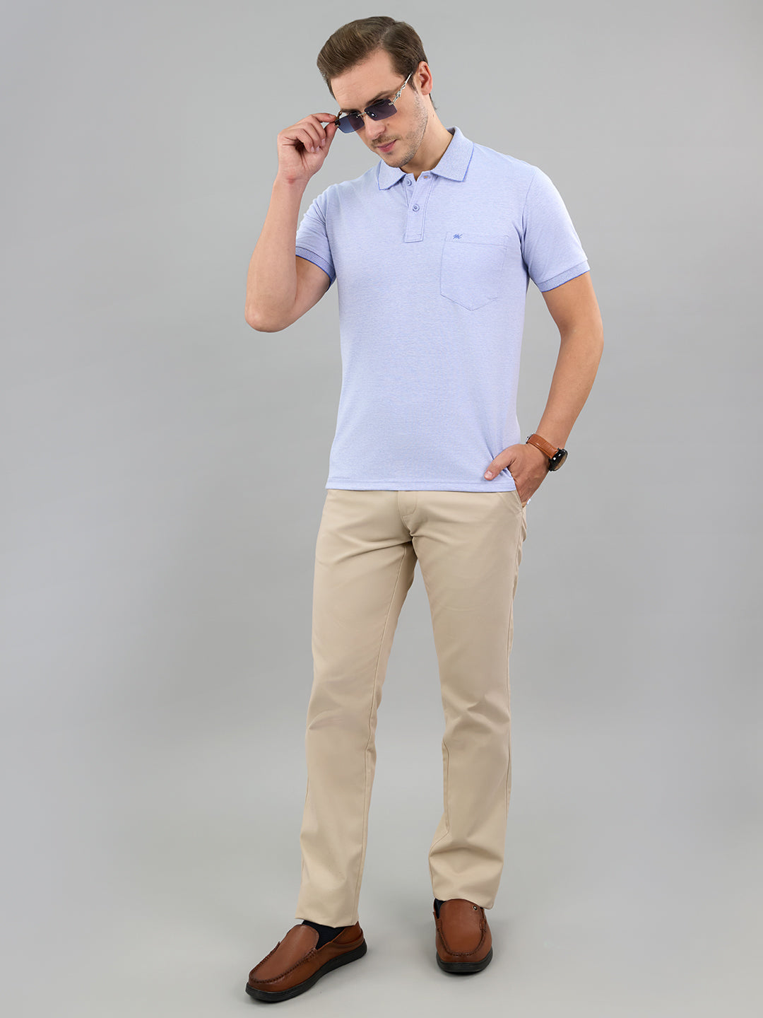 Men Sky Blue Solid Polo Collar Half Sleeve T-Shirt